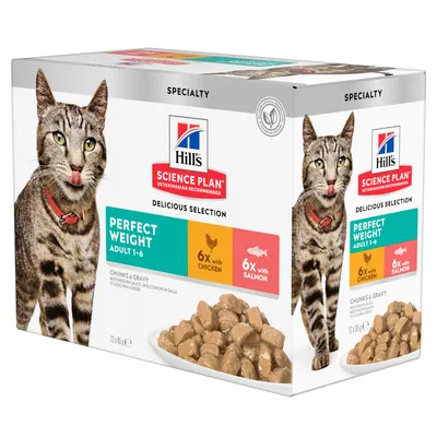 Hill's Science Plan Perfect Weight Adult 1-6, Delicious Selection z 6x kurczakiem i 6x łososiem. Kawałki w sosie w saszetkach, polecane przez weterynarzy.