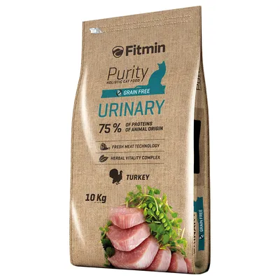 Fitmin Purity Holistic храна за котки, без зърно, за уринарно здраве, 75% животински протеини, Fresh Meat Technology, Herbal Vitality Complex, пуйка, 10 кг.