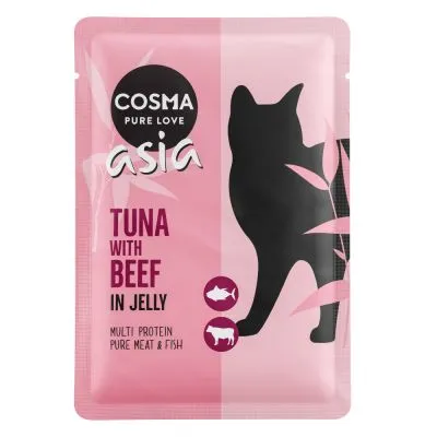COSMA PURE LOVE asia TUNA WITH BEEF IN JELLY, MULTI PROTEIN PURE MEAT & FISH na růžovém obalu s černou siluetou kočky a ikonami ryby a krávy.