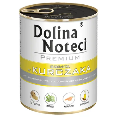 Dolina Noteci Premium, reich an Huhn. Vollwertnahrung für erwachsene Hunde aller Rassen mit braunem Reis, Basilikum, Karotten und Leinöl.