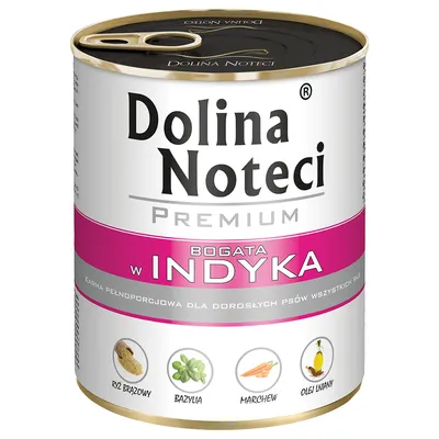 Dolina Noteci Premium, Bogata w Indyka. Vollwertnahrung für erwachsene Hunde aller Rassen mit braunem Reis, Basilikum, Karotten und Leinöl.