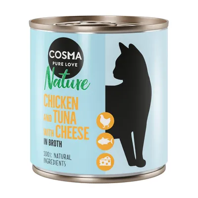 Cosma Nature macskaeledel konzerv, csirke és tonhal sajttal, levesben, 100% természetes összetevők.