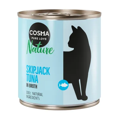 Cosma Nature Skipjack Tuna in Broth, 100% natuurlijke ingrediënten. Afgebeeld is een blik met kattensilhouet en blauwe achtergrond.