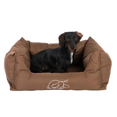 Brunt hundeseng med trykt sovende hundesymbol, gravhund sidder i den.