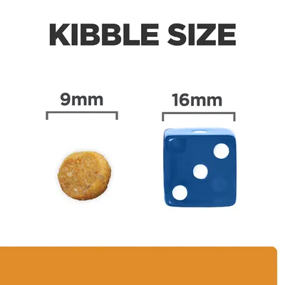 Kibble Size felirat, alatta 9 mm-es táp szemcse és 16 mm-es kék dobókocka méretösszehasonlításként. A számok és mértékegységek jól láthatók.