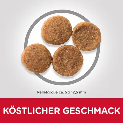 Vier Pellets mit der Grösse ca. 5 x 12,5 mm. Text: Köstlicher Geschmack.