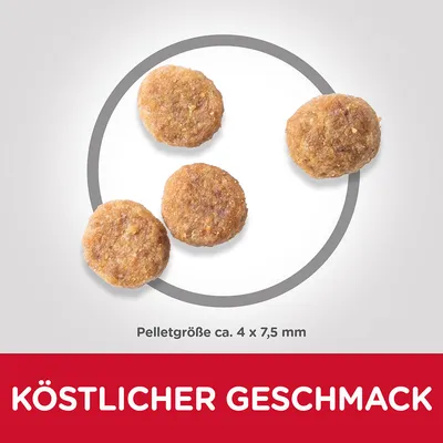 Neljä pyöreää pellettiä, tekstinä saksaksi 'KÖSTLICHER GESCHMACK'. Pelletin koko noin 4 x 7,5 mm. Teksti saksaksi, ei suomeksi.