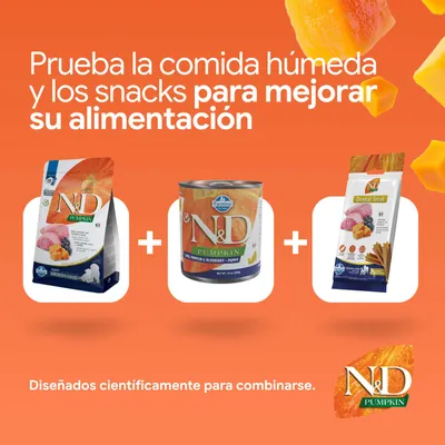 N&D Pumpkin pienso, comida húmeda y Dental Treats. Desarrollado científicamente para combinarse y ofrecer una mejor nutrición.