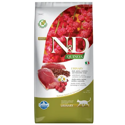 Farmina N&D Quinoa Adult Urinary alimento para gatos con pato, quinoa, arándano rojo y manzanilla. Sin cereales, fórmula italiana, para gatos adultos. Peso: 1,5 kg.