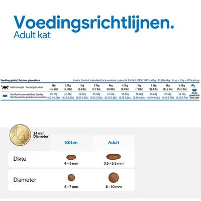 Voedingsadvies voor volwassen katten naar gewicht, aanbevolen dagelijkse hoeveelheid in gram, en brokgrootte voor kittens en adult. Zorg altijd voor vers water. Voedingsadvies voor volwassen katten naar gewicht, aanbevolen dagelijkse hoeveelheid in gram, en brokgrootte voor kittens en adult. Zorg altijd voor vers water.