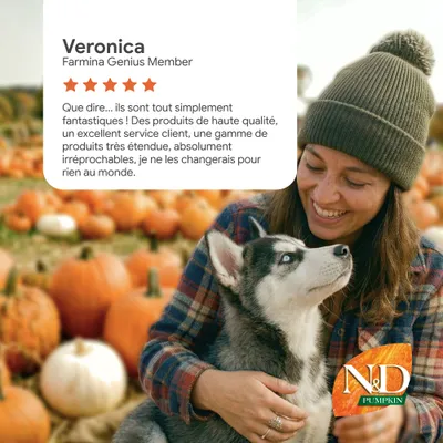 Avis client de Veronica, membre Farmina Genius : Très satisfaite de la qualité du produit, du service et du choix des produits. Cinq étoiles. Logo N&D Pumpkin visible. Avis client de Veronica, membre Farmina Genius : Très satisfaite de la qualité du produit, du service et du choix des produits. Cinq étoiles. Logo N&D Pumpkin visible.