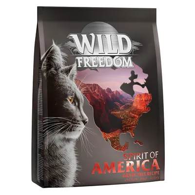 Wild Freedom Spirit of America kattenvoer, grain-free recipe, chicken, beef, turkey. Verpakking toont kat en landschap in de vorm van Amerika.