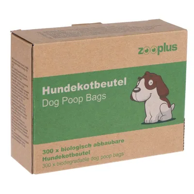 Zooplus Hundekotbeutel Dog Poop Bags, 300 x biologisch afbreekbare Hundekotbeutel, 300 x biodegradable dog poop bags. Kartonnen verpakking met tekening van hond.