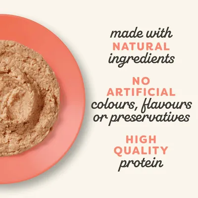 Text states: made with natural ingredients, no artificial colours, flavours or preservatives, high quality protein. Image shows a plate of wet food.