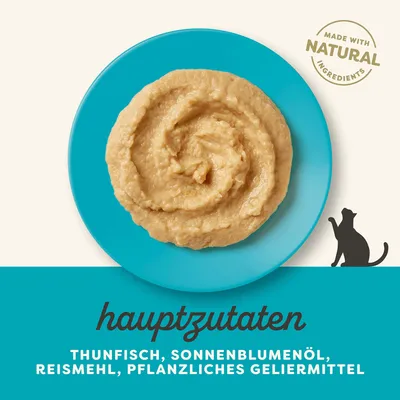 Hauptzutaten: Thunfisch, Sonnenblumenöl, Reismehl, pflanzliches Geliermittel. Made with natural ingredients.