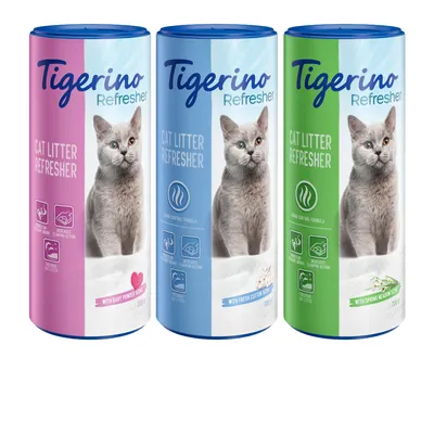Tigerino Refresher Cat Litter Refresher, три опаковки по 700 г: Baby Powder Scent, Fresh Cotton Scent, Spring Meadow Scent. Видими икони за контрол на миризмата и подсилено действие.