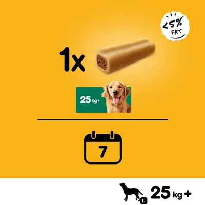 1 Snack mit weniger als 5% Fett, geeignet für Hunde ab 25 kg. Empfohlene Fütterung: 1 Stück alle 7 Tage.