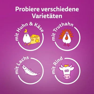 Probieren Sie verschiedene Variationen: mit Huhn & Käse, mit Truthahn, mit Lachs, mit Rind.