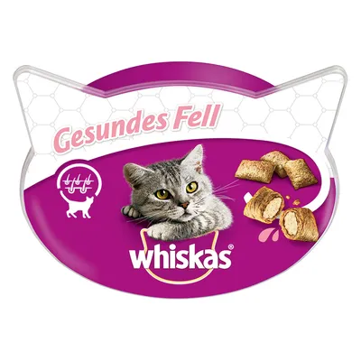 whiskas, Gesundes Fell. Imagen de un gato gris y snacks rellenos. Texto en alemán: Gesundes Fell.