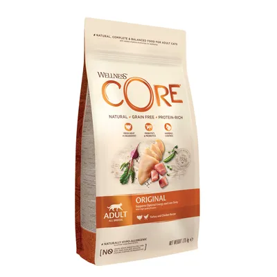 Bag labelled Wellness CORE Original, natural grain free protein-rich food for adult cats. Highlights fresh meat as main ingredient, prebiotics and probiotics, hairball control, turkey and chicken recipe.