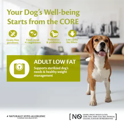 Adult low fat pet food with grain-free, fresh meat as main ingredient, prebiotics and probiotics, low carbs, no fillers. Supports sterilised needs, healthy weight, hypo-allergenic, no artificial additives.