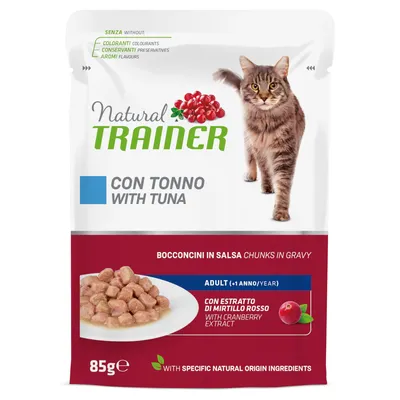 Natural Trainer con tonno, bouchées en sauce pour chat adulte, extrait de canneberge, 85 g. Sans colorants, conservateurs ni arômes. Texte en italien et anglais visible sur l’emballage.