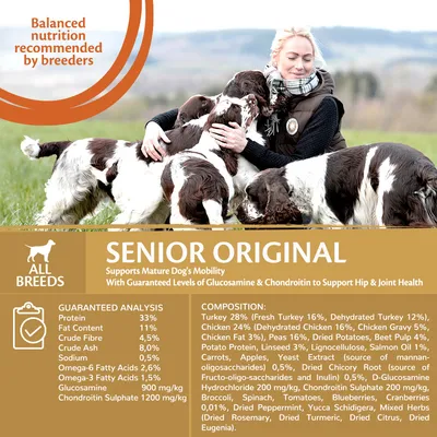 Senior Original all breeds dog food. Supports mature dog's mobility with glucosamine and chondroitin for hip and joint health. Guaranteed analysis and full composition details shown.