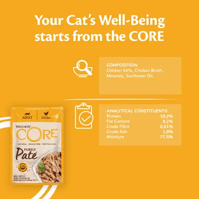 Product image showing composition: chicken 54%, chicken broth, minerals, sunflower oil. Analytical values: protein 10.2%, fat 9.2%, fibre 0.01%, ash 1.9%, moisture 77.5%.