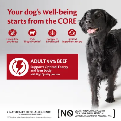 Adult 95% beef, grain-free, single protein, complete and balanced, limited ingredient recipe. Supports optimal energy and lean body. No grains, wheat, gluten, corn, soya, dairy or additives.