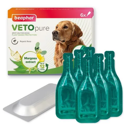 VETOpure spot-on for dogs, plant-based protection with margosa extract, repels fleas, up to 12 weeks protection, pack of six pipettes shown in front of box.