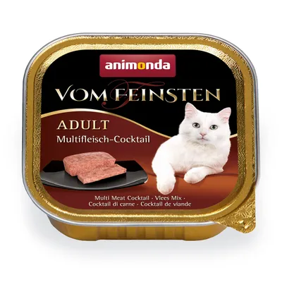 animonda Vom Feinsten ADULT Multifleisch-Cocktail, tacka z karmą dla dorosłych kotów, zdjęcie białego kota i kawałków mięsa na czarnym talerzu, tekst w kilku językach