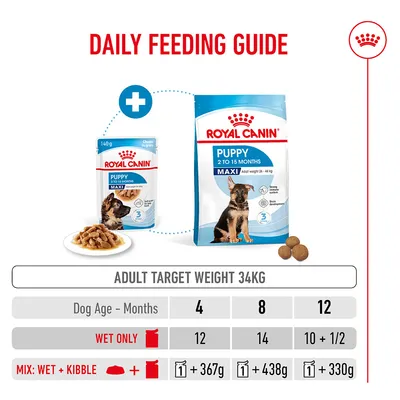 Feeding table for Royal Canin Puppy Maxi with a final weight of 34 kg: Wet food only with 12, 14 or 10.5 pouches depending on age; combination of wet and dry food with precise gram specifications.