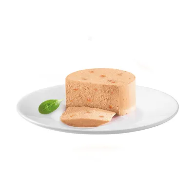 Порция паштета с видимыми кусочками моркови на белой тарелке, украшенная свежим листом шпината.