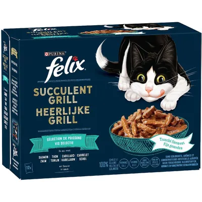 Boîte Purina Felix Succulent Grill, sélection de poissons : saumon, thon, cabillaud, carrelet. 12x en sauce, tranché finement, sans colorants ni conservateurs ajoutés.