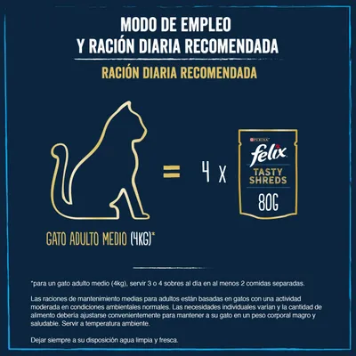 Ración diaria recomendada para gato adulto medio (4 kg): 4 sobres de Purina Felix Tasty Shreds 80 g. Servir 3 o 4 sobres al día en al menos 2 comidas separadas. Agua limpia siempre disponible.