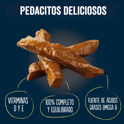 Pedacitos deliciosos. Vitaminas D y E, 100% completo y equilibrado, fuente de ácidos grasos omega 6.