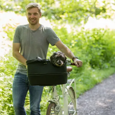 Cestino nero per bici montato sul manubrio, con cane di piccola taglia all'interno. Uomo in maglietta grigia e jeans spinge la bicicletta su un sentiero all'aperto.