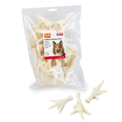 Karlie Puffed Chicken Feet, puffed chicken feet in transparent packaging. Suitable for dogs, www.karlie.de.