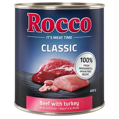 Rocco Classic Rind mit Pute, 800g Dose. 100% frische Zutaten und getreidefreie Rezeptur.