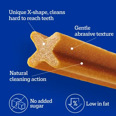 Chew with unique X-shape for cleaning hard to reach teeth, gentle abrasive texture, natural cleaning action, no added sugar, low in fat.