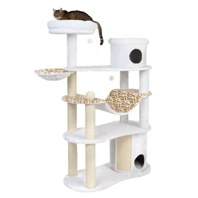Kratzbaum mit mehreren Ebenen, Höhle, Hängematte und Liegeflächen. Weißes Design mit beige-gemusterten Elementen. Katze liegt auf oberster Plattform.