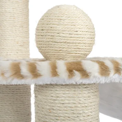 Kratzbaum-Elemente aus Sisal-Seil und Plüsch mit beige-weißer Musterung, inklusive Spielball aus Sisal.