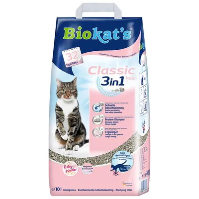 Biokat's Classic 3in1 fresh macskaalom, 32 napos használat, 10 l, Baby powder illat, gyors szagmegkötés, erős csomók, hosszabb használat. Német gyártás.