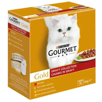 Purina Gourmet Gold Gravy Collection Chunks in Gravy -kissanruoka, 8 x 85 g. Maut: naudanliha, kalkkuna ja ankka, kana ja maksa, lohi ja kana. Satisfaction guaranteed -merkintä.