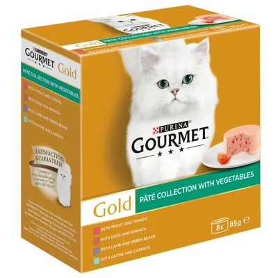 Purina Gourmet Gold Pâté Collection with Vegetables kissan märkäruoka, 8 x 85 g. Maut: taimen ja tomaatti, ankka ja pinaatti, lammas ja vihreät pavut, siika ja porkkana.
