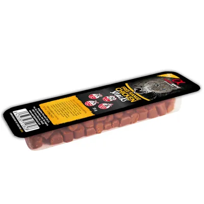 Barquette de snacks Alpha Spirit Free Range Chicken Snack pour chats, 35 g, avec illustration de chat et texte en anglais sur l’emballage.