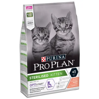 Opakowanie Purina Pro Plan Sterilised Kitten z wizerunkiem dwóch kotów, widoczne napisy: OPTISTART, <1 rok, wysokie stężenie łososia, isfm, no added colourants, high quality salmon nr 1 ingredient.