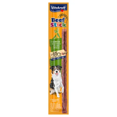 Vitakraft Beef Stick Original met groenten, meer dan 85% vleesgehalte, extra vitamines, zonder toegevoegde suiker, geen kunstmatige kleur- of conserveermiddelen.