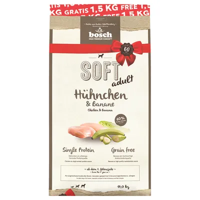 bosch SOFT adult Huhnchen & Banane, Chicken & Banana, 60 % čerstvé kuracie, Single Protein, Grain free, 14 kg. Nápis: GRATIS 1,5 KG FREE na vrchu obalu.