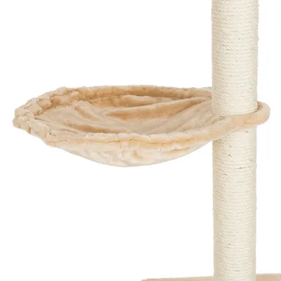 Beige hammock made of soft plush, attached to a scratching post with a sisal-wrapped trunk.